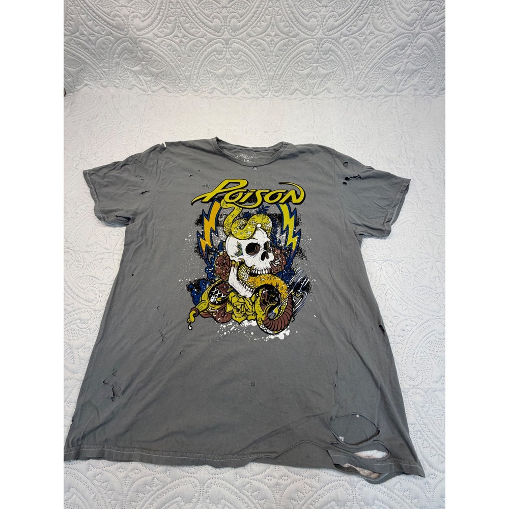 Retro Poison Band Tee Distressed Graphic Skull Snake Gray Cotton T-Shirt S/M